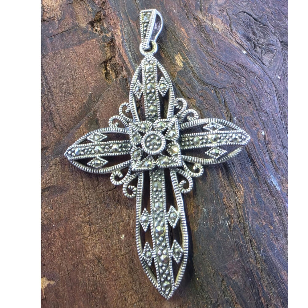Vintage Sterling Marcascite Cross 2.75" x 1.75" stamped DBJ